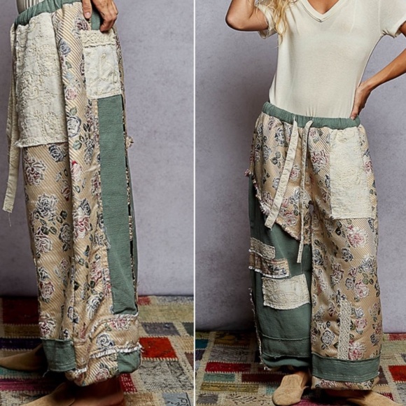 POL Floral Print Patchwork Stretchy Waist Color Block Jogger pants - Picture 2 of 4